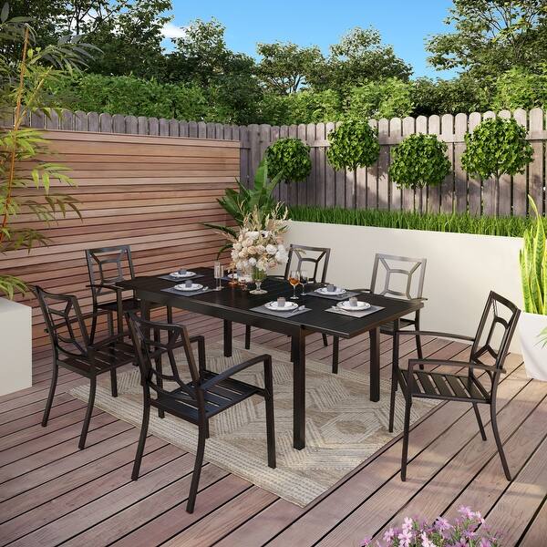 slide 1 of 8, Seats up to 6/8 Outdoor Patio Dining Set, 6/8 Metal Stackable Chairs, 1 Rectangular Expandable Table 7-Piece Sets