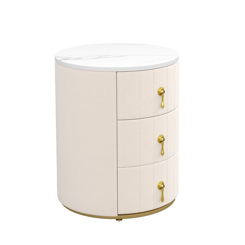 Nightstand with 3 Drawers Round Bedside Table with Metal Handles