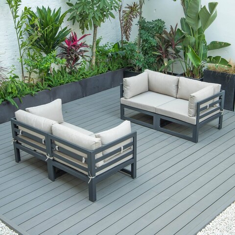LeisureMod Chelsea 4-Piece Outdoor Patio Sectional Loveseat Set Black Aluminum with Cushions