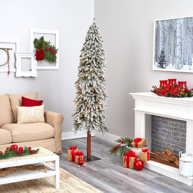 7' Pre-Lit Flocked Grand Alpine Artificial Christmas Tree, Clear LED Lights - 7 Foot
