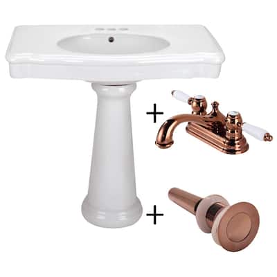 White Pedestal Sink - Darbyshire 34" W with 4" Rose Gold Centerset Faucet, Sink Drain and Overflow Renovators Supply