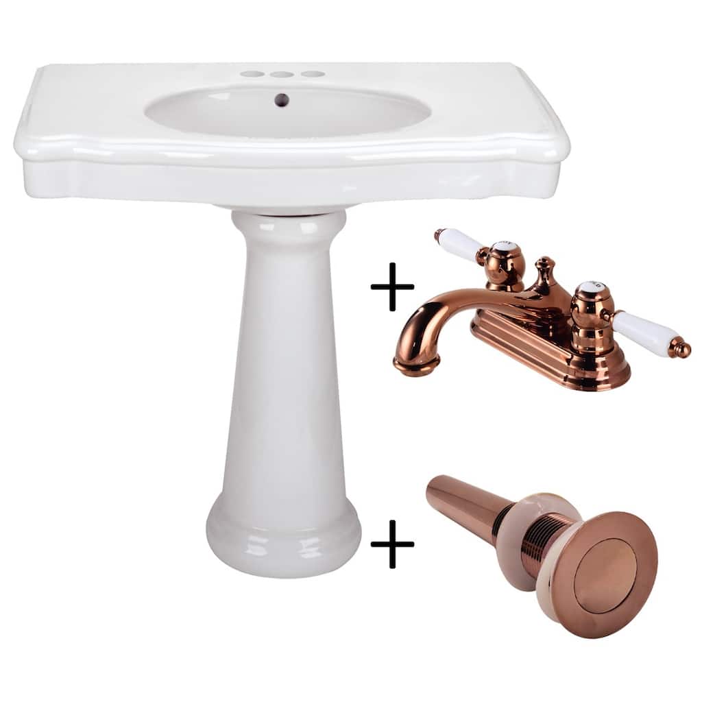 White Pedestal Sink - Darbyshire 34" W with 4" Rose Gold Centerset Faucet, Sink Drain and Overflow Renovators Supply