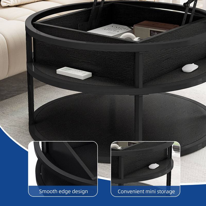 Moasis Farmhouse Lift Top Round Coffee Table with Hidden Storage and Shelf