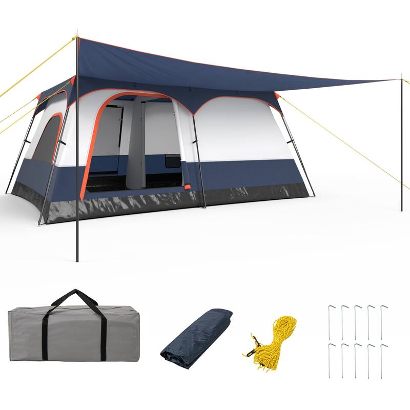 Gymax 10-Person Camping Tent with Porch Large Family Cabin Tent w/ 2 - Blue - Camping Tent