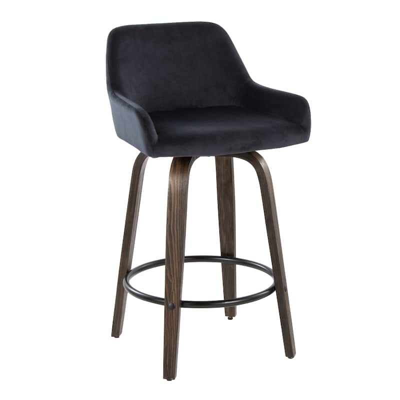 Porch & Den Galotti 26" Fixed-Height Counter Stool with Bent Wood Legs & Round Footrest (Set of 2) - Black Velvet/Walnut Glazed/Black Metal