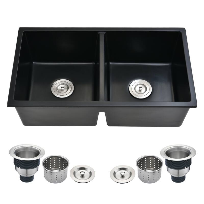 Quartz 14''/18''/33''L Undermount Kitchen Sink With Basket Strainer in Black