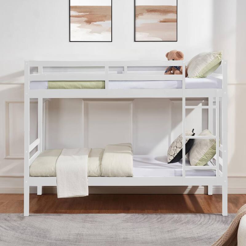 Twin over Twin Wooden Bunk Bed,High Guardrail,Ladder,Kids Teens,Dorm