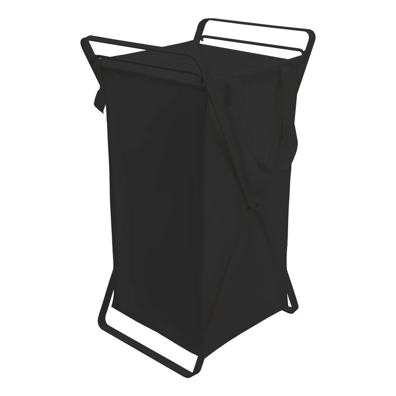Yamazaki Home Laundry Hamper with Cotton Liner - Two Sizes, Steel and Cotton, Small, 12 gallons, 45 liters, Collapsible - Black