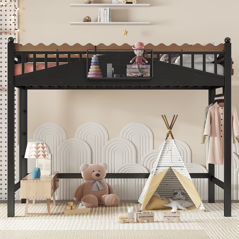 Modern Metal Loft Bed with Shelves & Bookshelf, Ladder Entry, No Box Spring Needed, Multi-Size