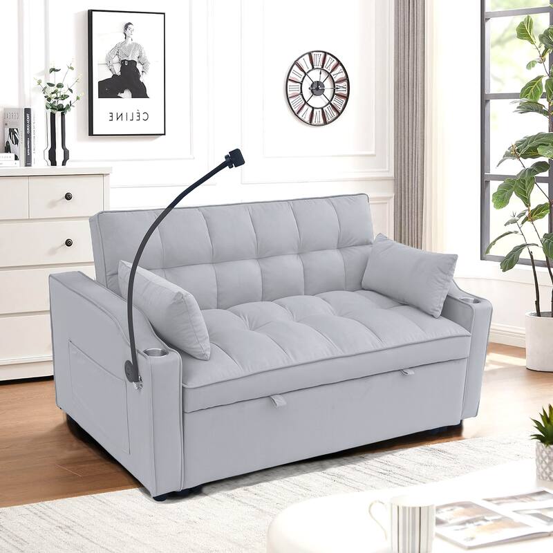 Light Gray Modern 70.2" Velvet 3 in 1 Loveseat Convertible Sofa Bed with Adjustable Back and USB Charging Port for Living Room