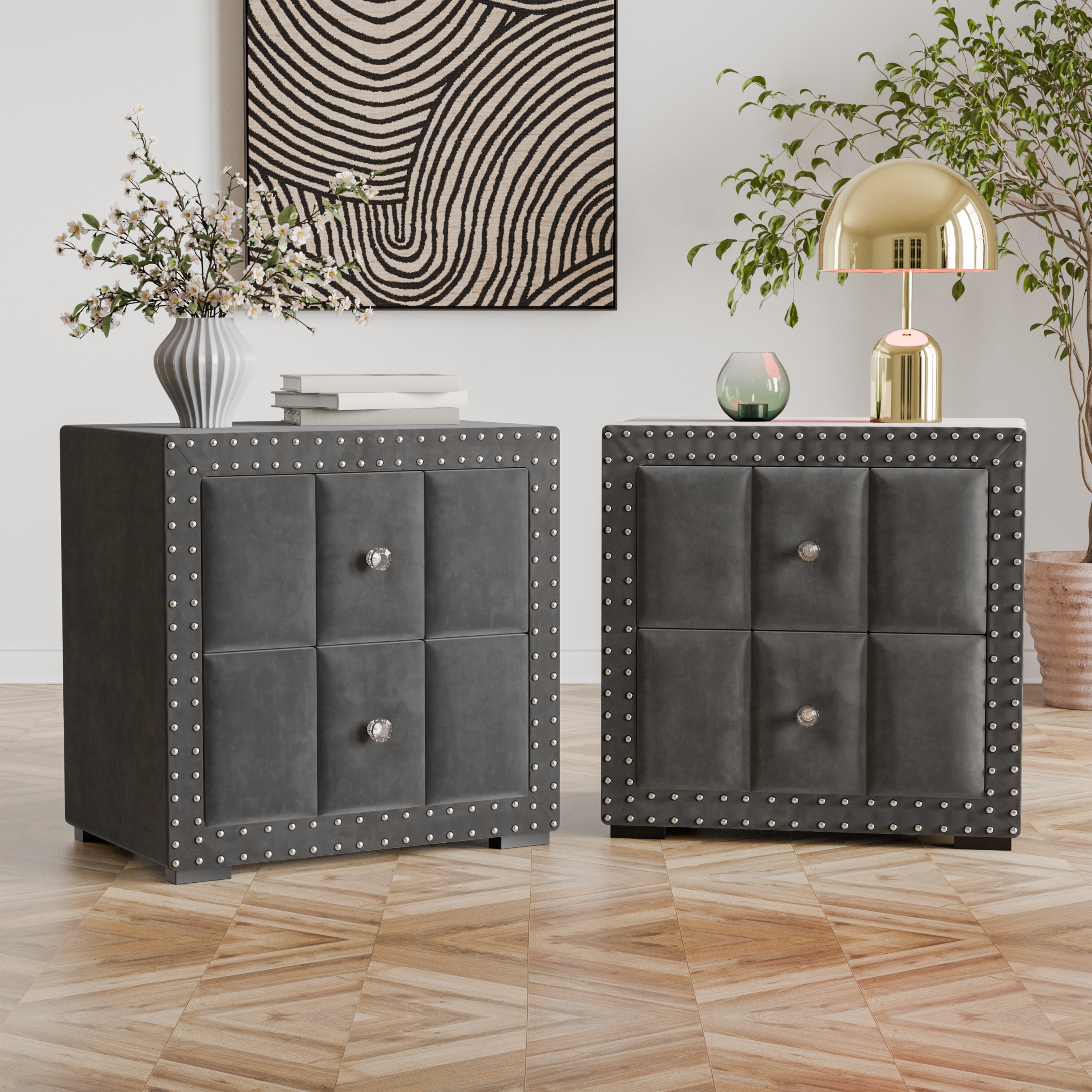 247 Shop At Home Fynor Modern Velvet 2-Drawer Nightstand (Set of 2)