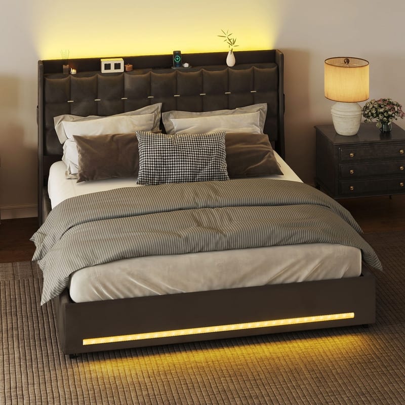 Moasis King Size Velvet Platform Bed with 4 Drawers,Bed Frames with RGB Light & Built-in Charging Station