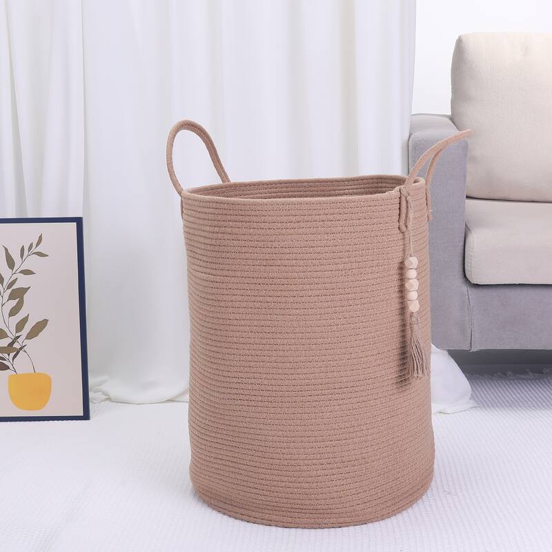 Woven Storage Bin with Handle and Tassel Beads, Storage Basket Organizer Bin for Blankets, Clothes, Shoes - 19*15in