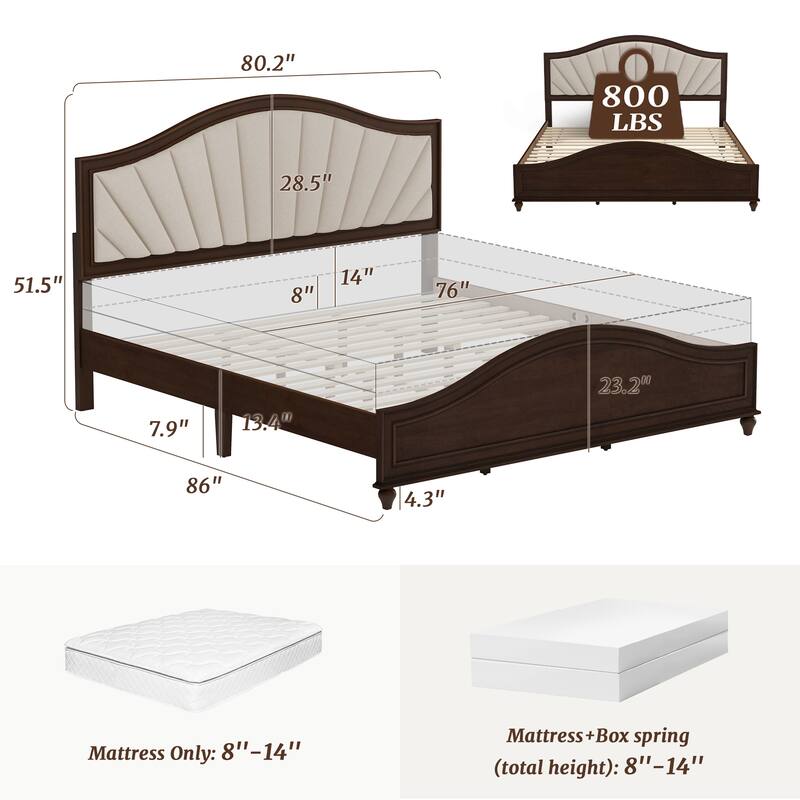 Modern Wooden Upholstered Platform Bed Frame Queen/King Size with Headboard