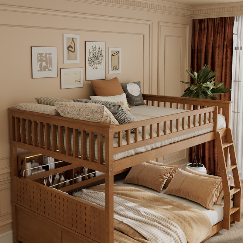 Full XL over Queen/Full over Full Bunk Bed with Integrated Shelving, Color-Changing Lights & Pegboard