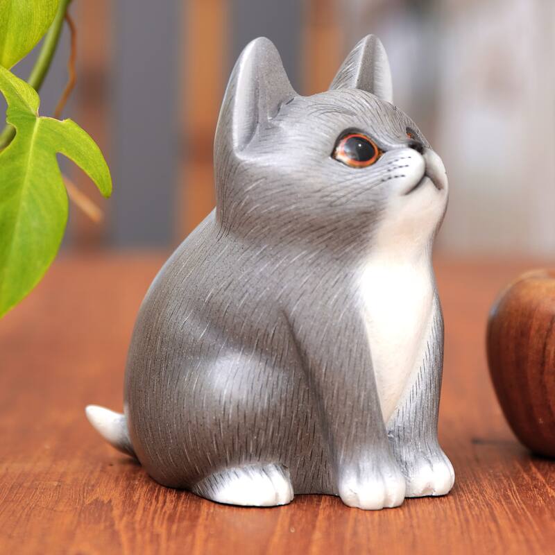 Novica Handmade Dreamy Kitten Wood Figurine