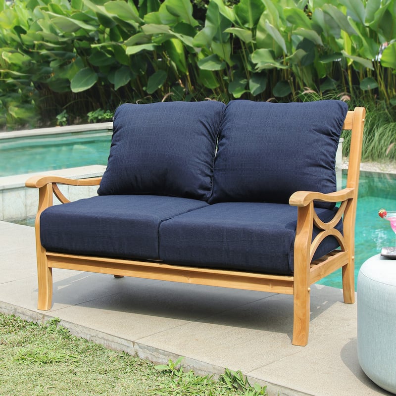Cambridge Casual Lowell Teak Patio Loveseat with Cushion - Natural Teak/Navy Cushion