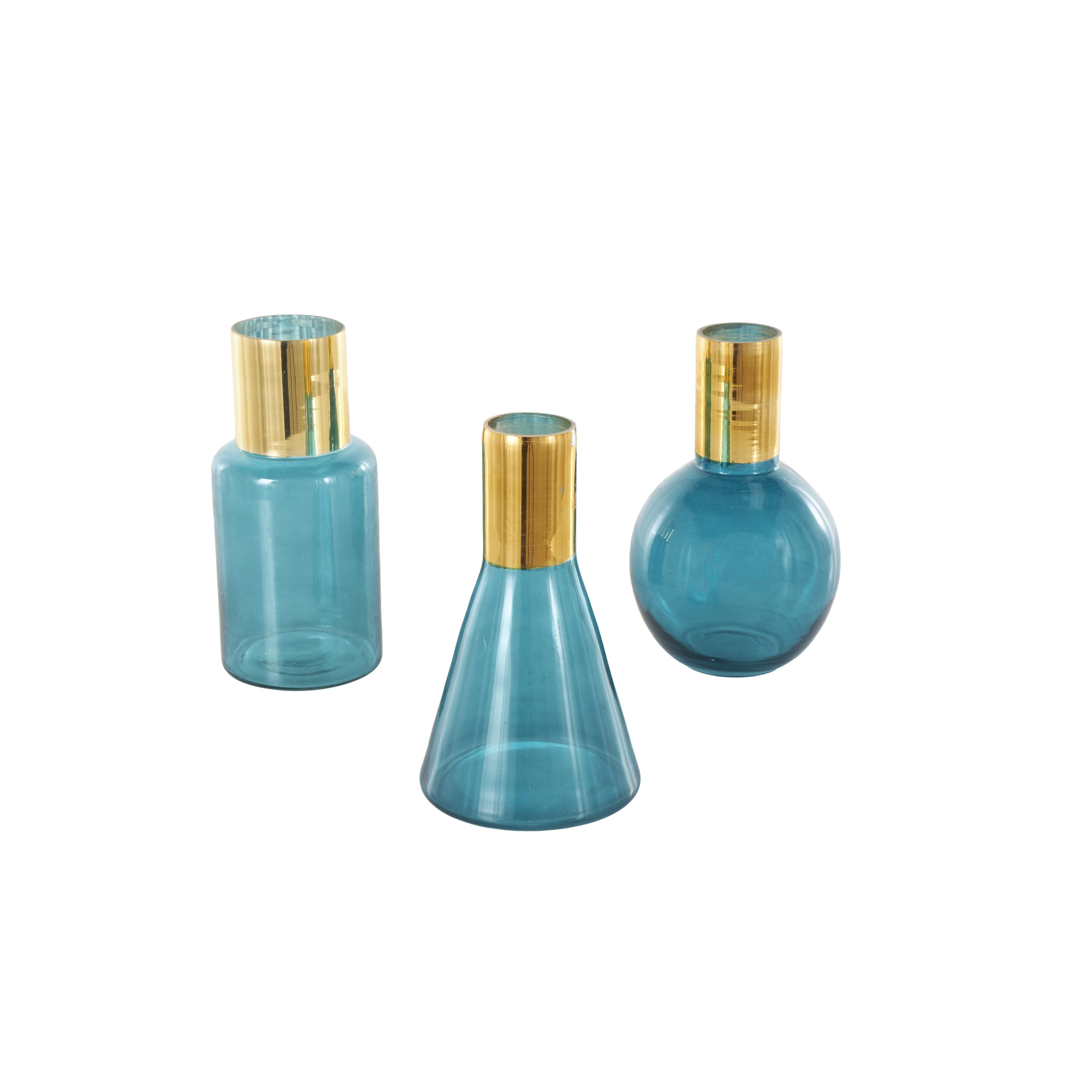 Blue or Gold Glass Tinted Geometric Decorative Vase with Gold Rim and Varying Shapes (Set of 3)