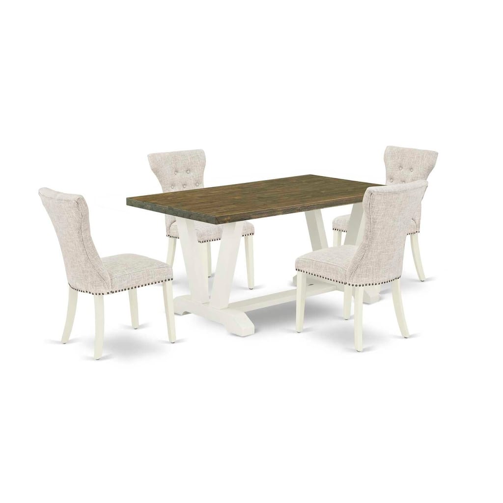 HomeStock 5-Piece Rectangle Distressed Jacobean Finish Solid Wood Top Dining Table with 4 Parson Chair with Lattice Back