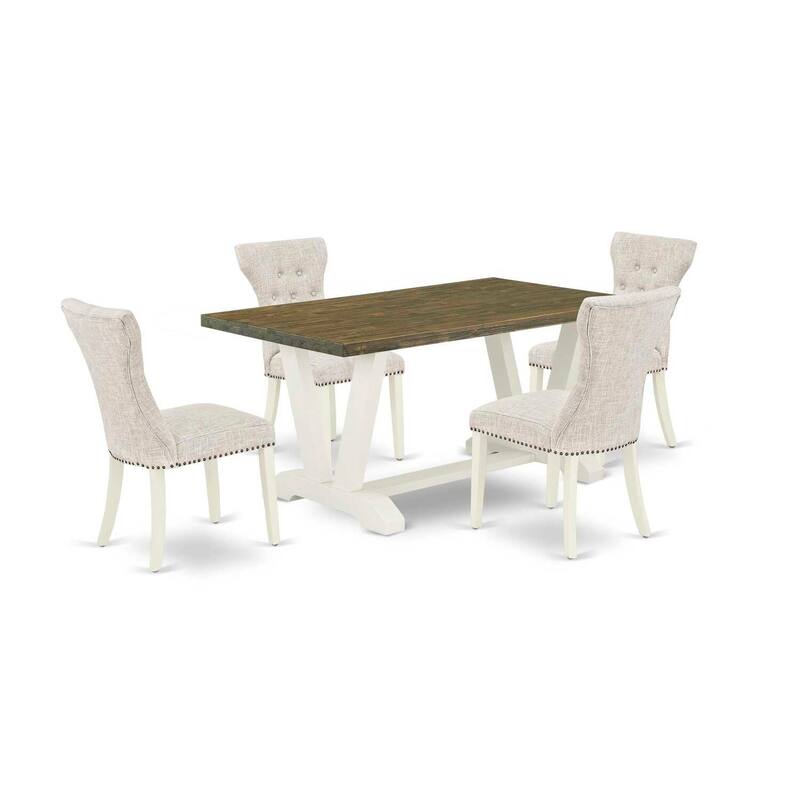 HomeStock 5-Piece Rectangle Distressed Jacobean Finish Solid Wood Top Dining Table with 4 Parson Chair with Lattice Back