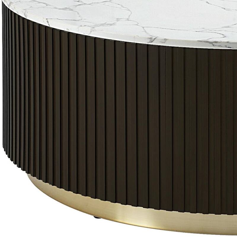 HomeRoots 35" White Espresso and Gold Faux Marble Solid Wood and Steel Round Drum Coffee Table