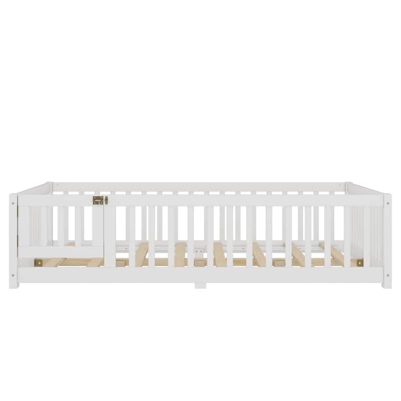 Montessori Toddler Floor Bed with Fence and Switchable Door, Low Profile Bed Frame with Removable Slats, Safe Transition Bed