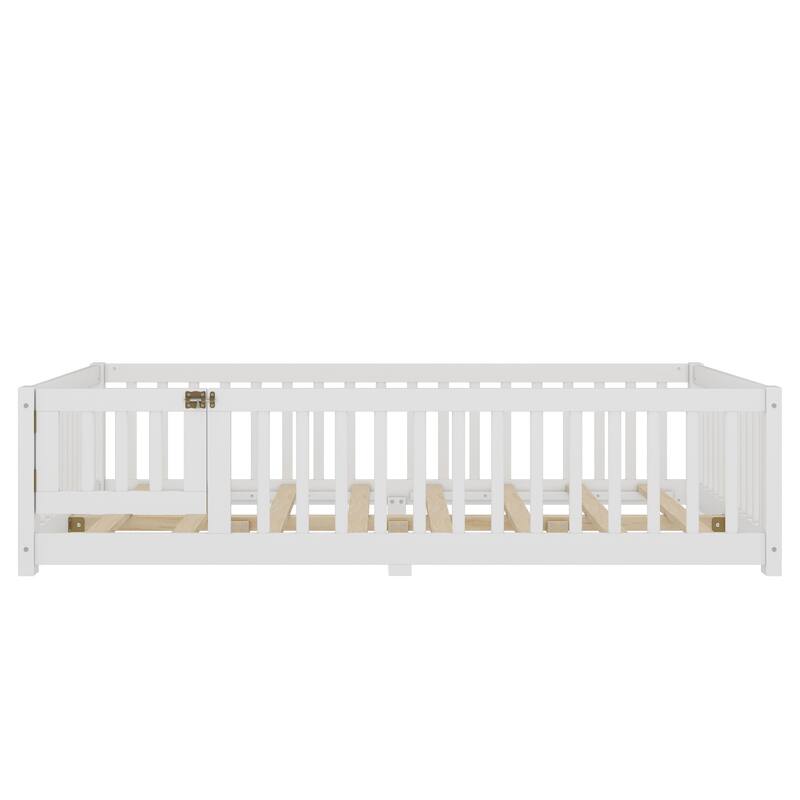 Wooden Floor Bed Frame with Safety Guardrail and Door, Kids Montessori Floor Beds, No Box Spring Needed