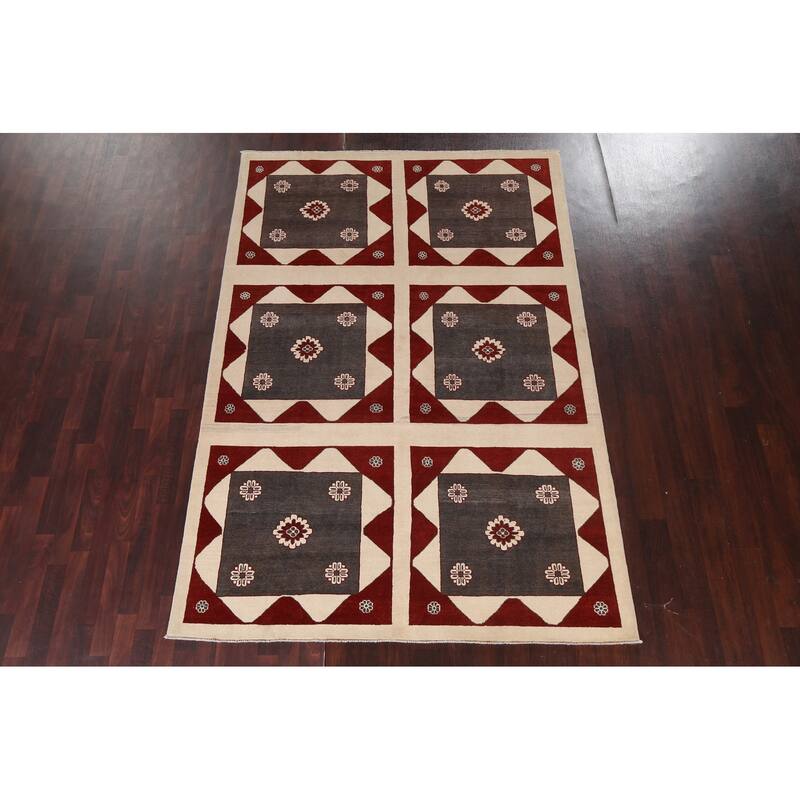 Geometric Gabbeh Kashkoli Area Rug Hand-knotted Oriental Wool Carpet - 6'1" x 8'11"