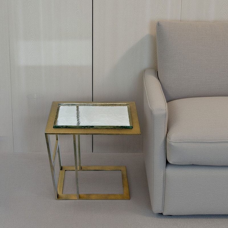 Castella C Shaped End Table - Powder Coated Iron Frame and Glass Top Accent Table Antique Brass Finish