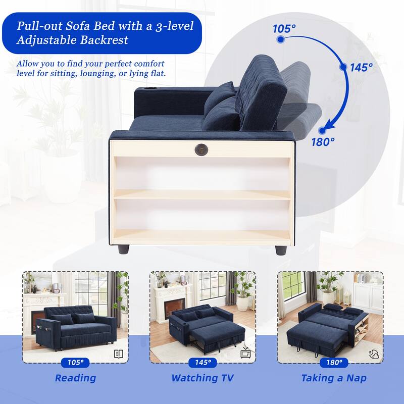 Chenille Pull-out Sofa Bed Convertible Couch, Loveseat Sofa with Adjustable Backrest, Storage Rack, Cup Holders, USB Ports