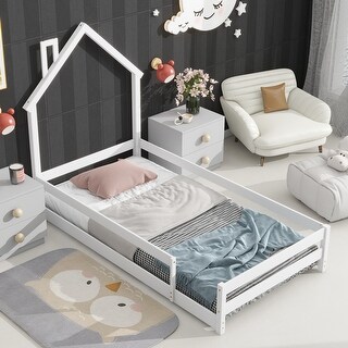 Twin Size Montessori Floor Bed with Fences, Wood Twin Kids Bed Frame