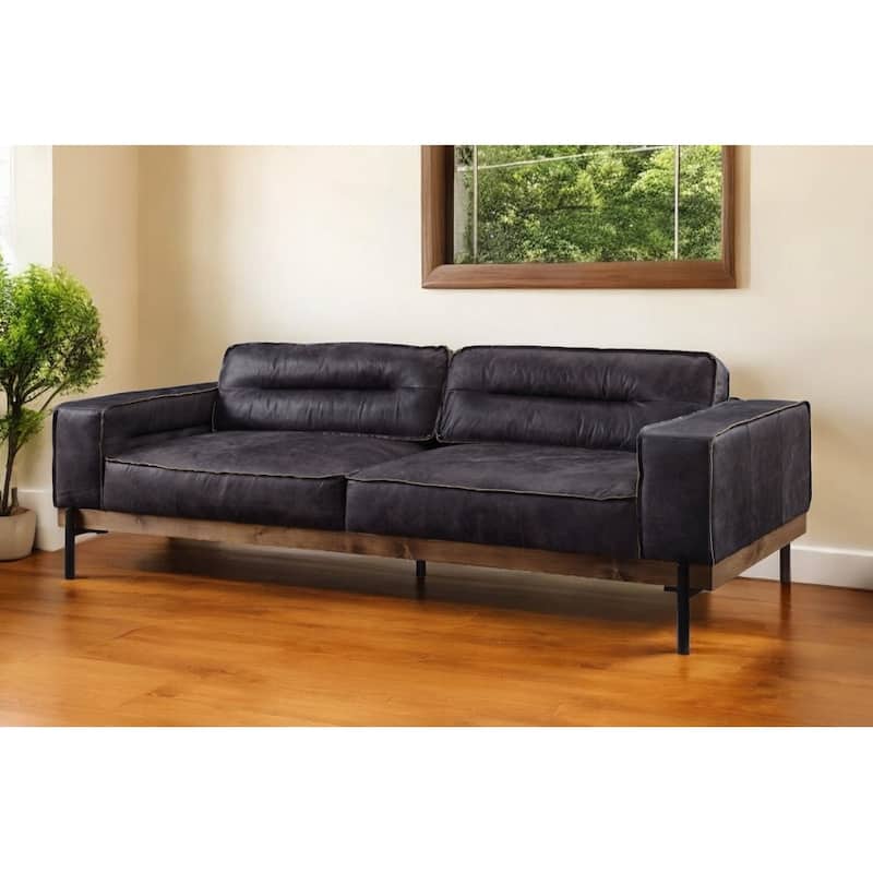HomeRoots 96" Ebony Top Grain Leather Sofa With Black Legs - 96