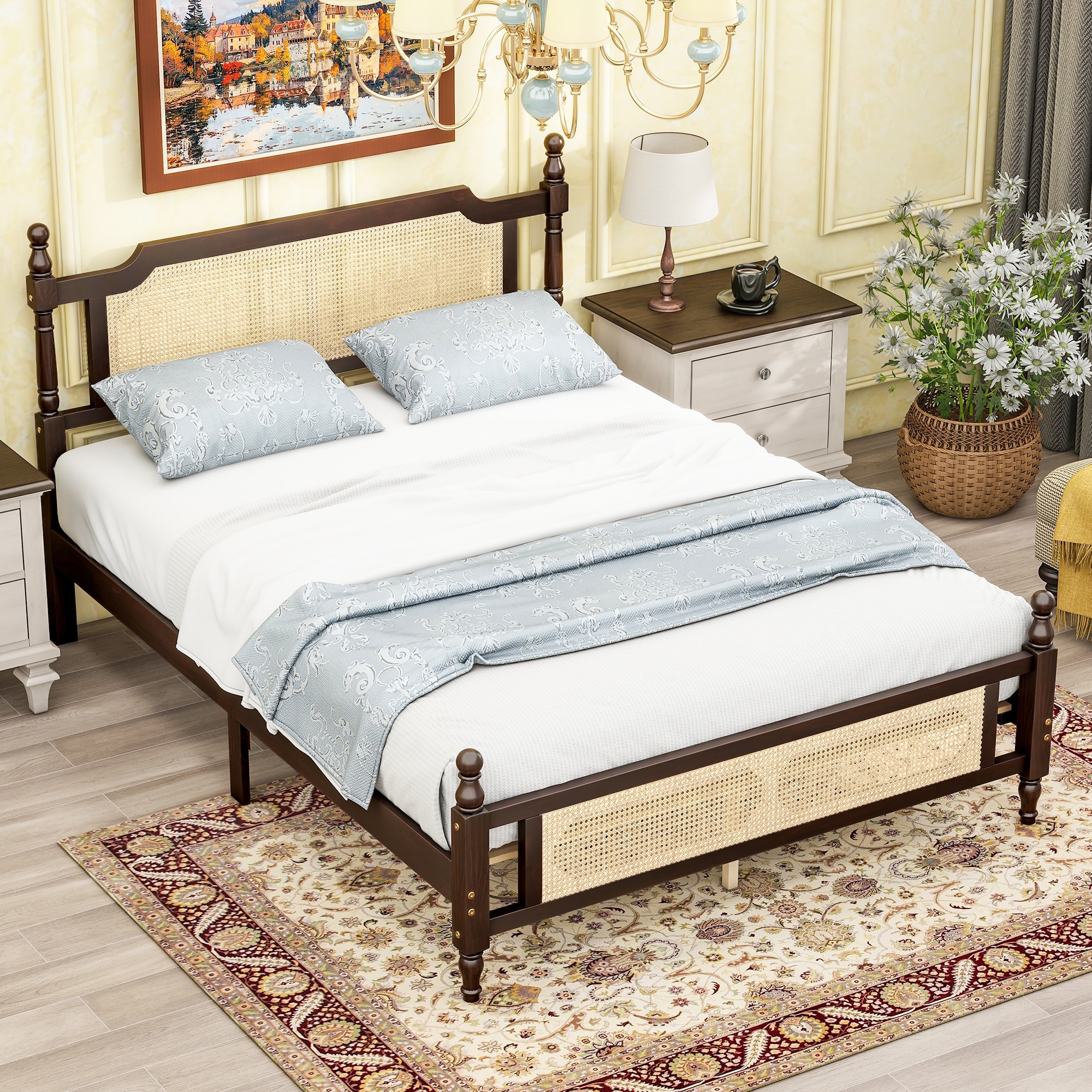 Pinewood Platform Bed with Rattan Headboard and Footboard