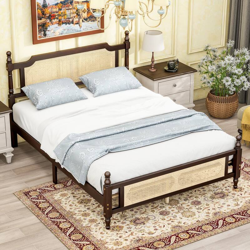 Queen Platform Bed with Rattan Headboard & Solid Pine Wood Frame
