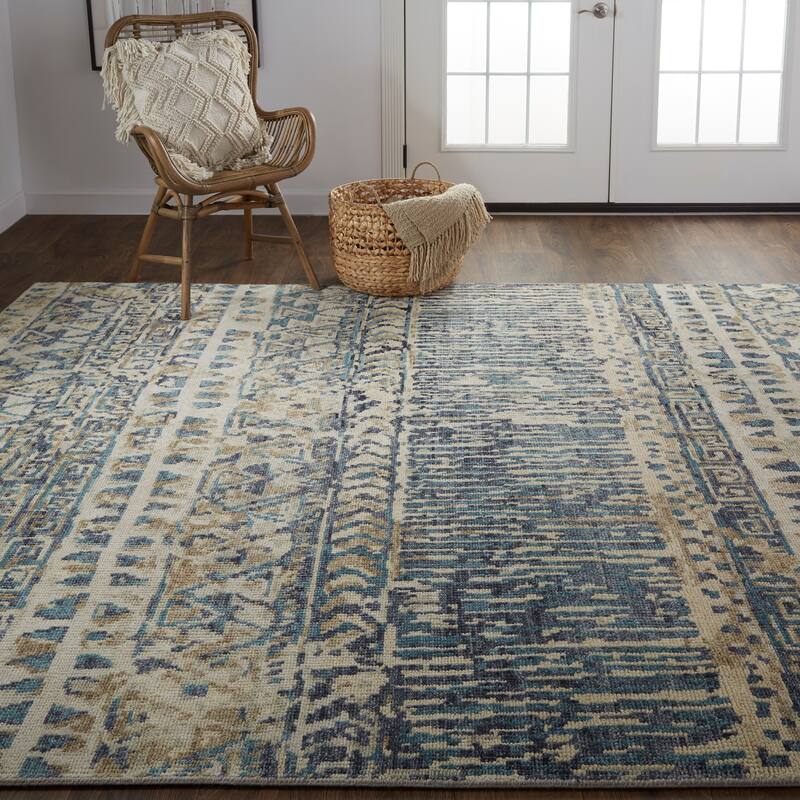 Scottsdale Luxe Hand Knot Abstract Area Rug, Denim Blue/Beige