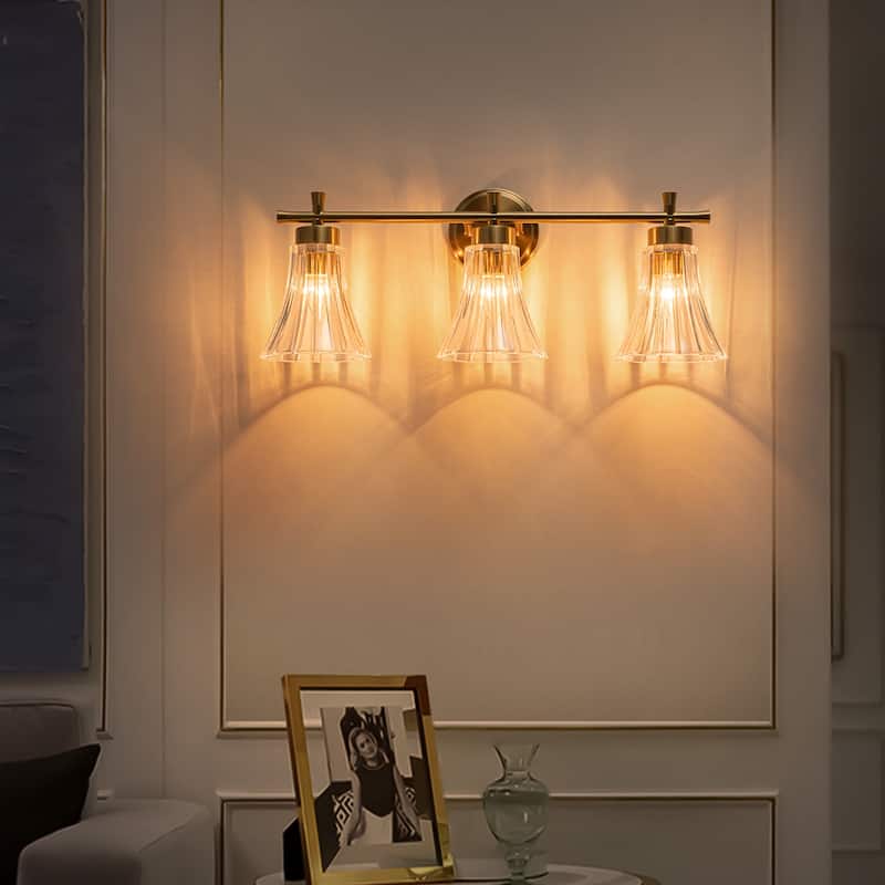 Gold Metal Wall Sconce Ribbed Trumpet Glass Shade for Bathroom Vanity