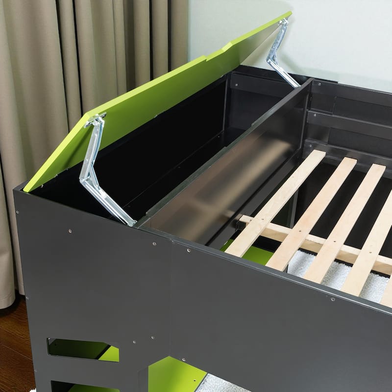 Full Size Wood Loft Bed with Adjustable Desk, Drawers, Storage Shelves, Hanging Rod and RGB LED Lights