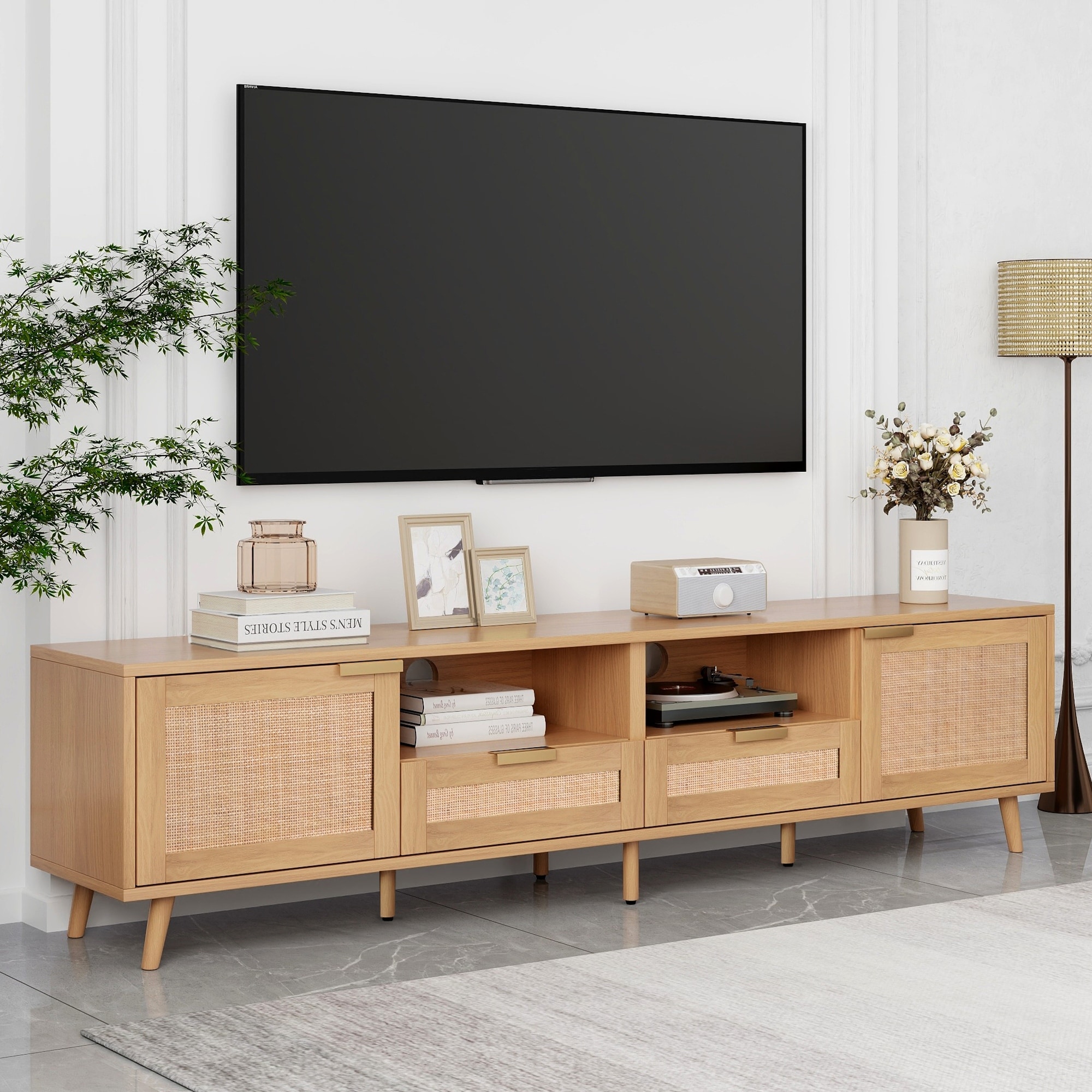 Modern Farmhouse Style Rattan TV Stand for TVs Up to 85" with 2 Storage Cabinets and 2 Open Shelves, for Living Rooms