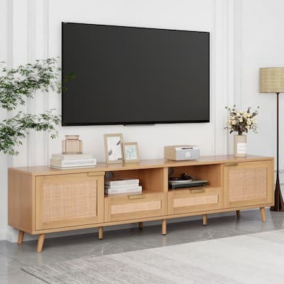 Wood Rattan TV Stand Modern Farmhouse Storage Cabinet For 85 inch TV - 14.60 x 78.74 x 18.90