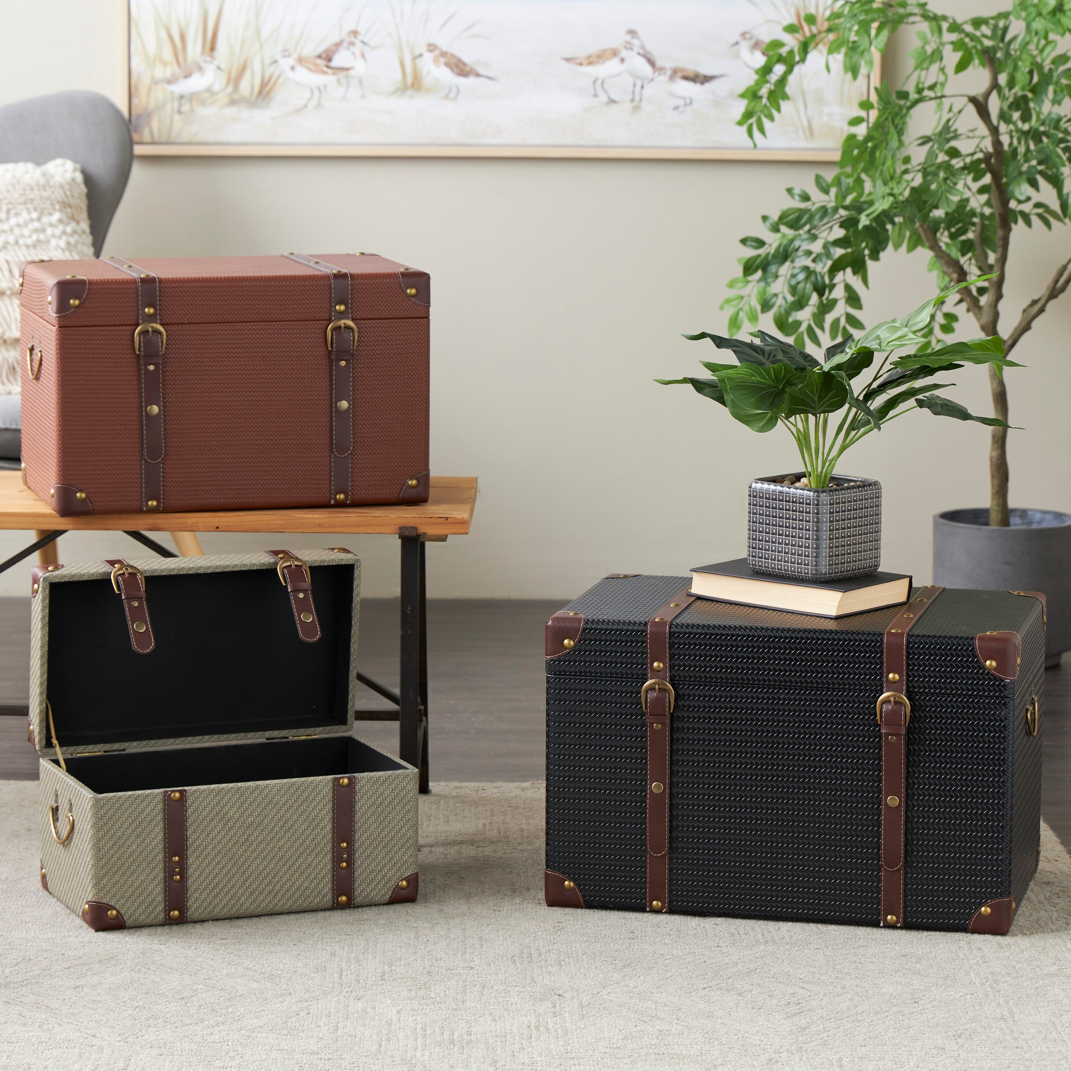 Multi Colored Wooden Vintage Studded Woven Storage Decorative