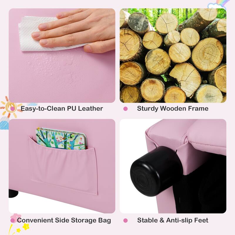 Pink Adjustable Reclining PU Leather Cushion Seat Chair for Kids with Footrest and Storage Pocket
