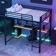preview thumbnail 2 of 14, Full Size Loft Bed with Shelf, LED Light and Iron Mesh, Black