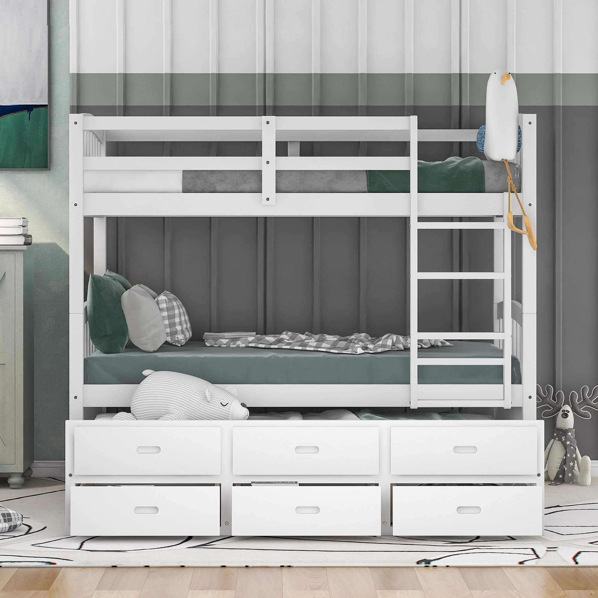 Twin Over Twin Wood Bunk Bed with Trundle Drawers Bed Bath