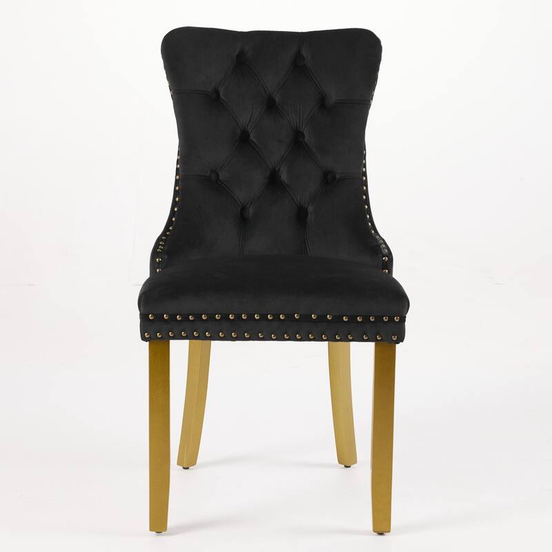 High-end Tufted Solid Wood Contemporary Velvet Upholstered Dining Chair with Golden Wooden Legs Nailhead Trim 2-Pcs Set