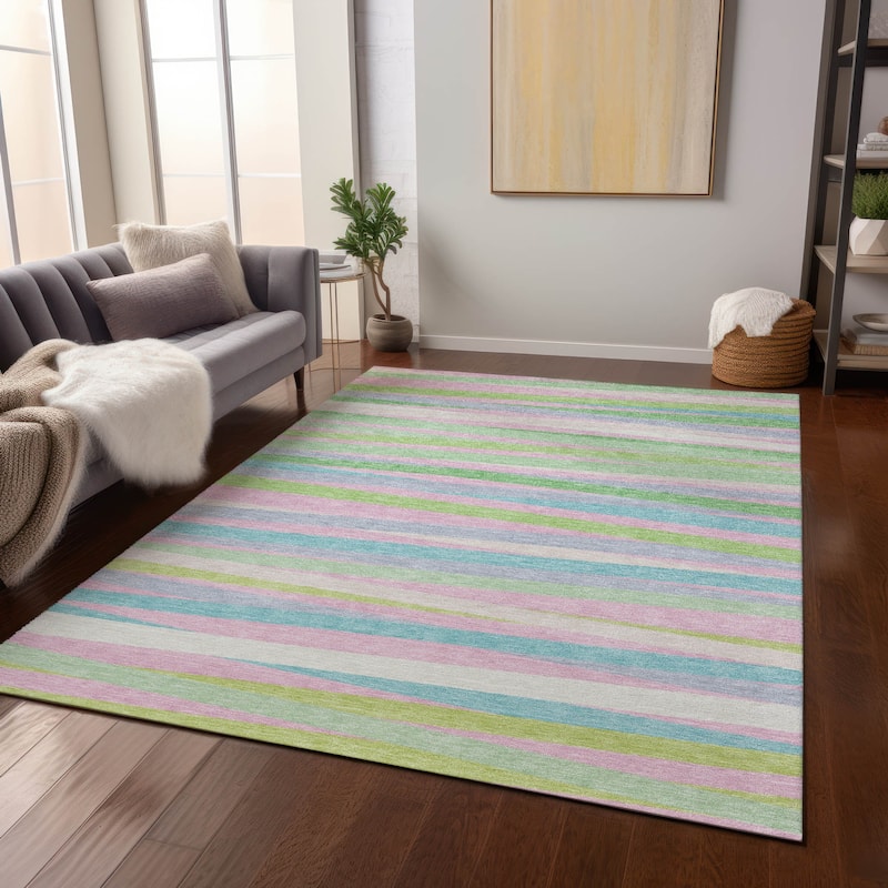 Machine Washable Indoor/ Outdoor Modern Stripes Chantille Rug - Mint - 9' x 12'