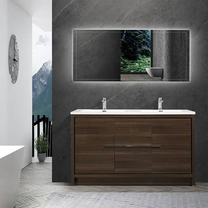 Freestanding Bathroom Vanity Set in Grey Oak with Integrated Solid Surface Sink