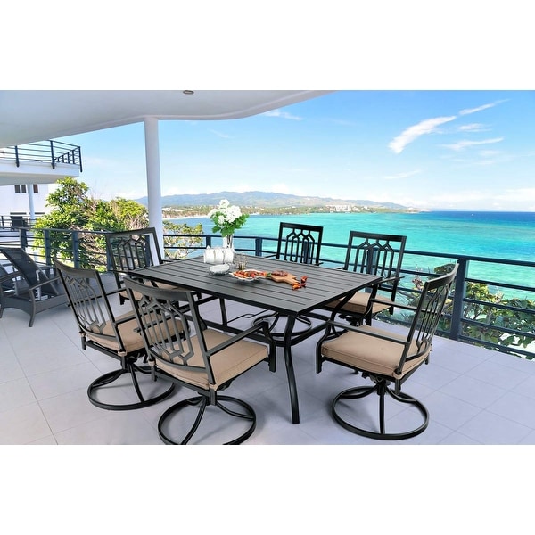 MFSTUDIO 7-Pcs Outdoor Dining Set: Steel Swivel Dining Chair with Cushion and 6-Person Umbrella Table. Opens flyout.