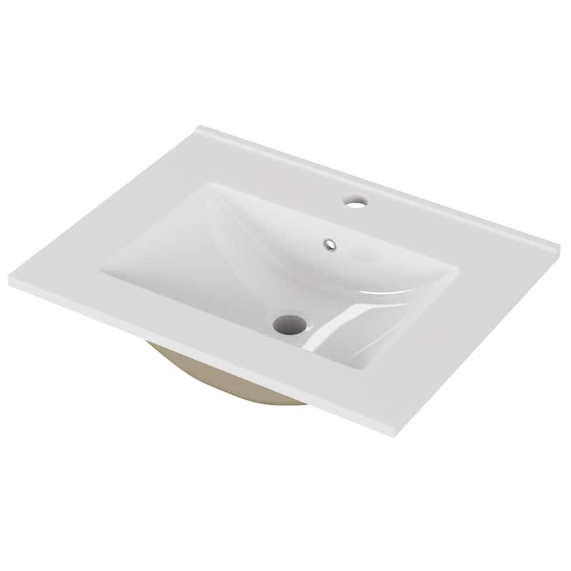 Anmytek 24-Inch White Ceramic Bathroom Sink Fits 32-Inch Vanities Pre-Drilled Faucet Hole Space-Saving Easy to Clean - Glossy - Glossy White