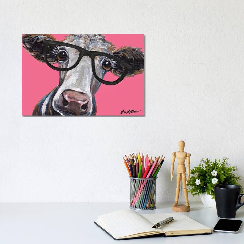 iCanvas "Cora The Cow With Glasses On Pink" by Hippie Hound Studios Canvas Print - 8x12x0.75