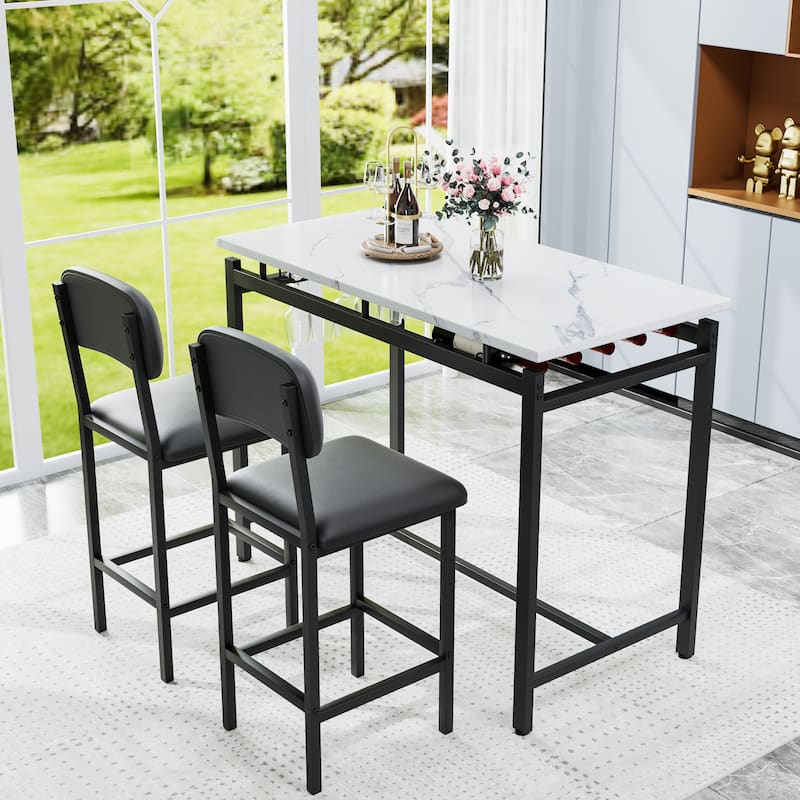 3 Piece Bar Dining Table Set with 2 Upholstered Chairs for Small Spaces - Black